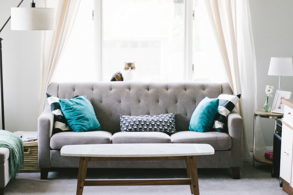 Bright living room with a grey sofa, white pillows, a small coffee table, and large windows with white curtains