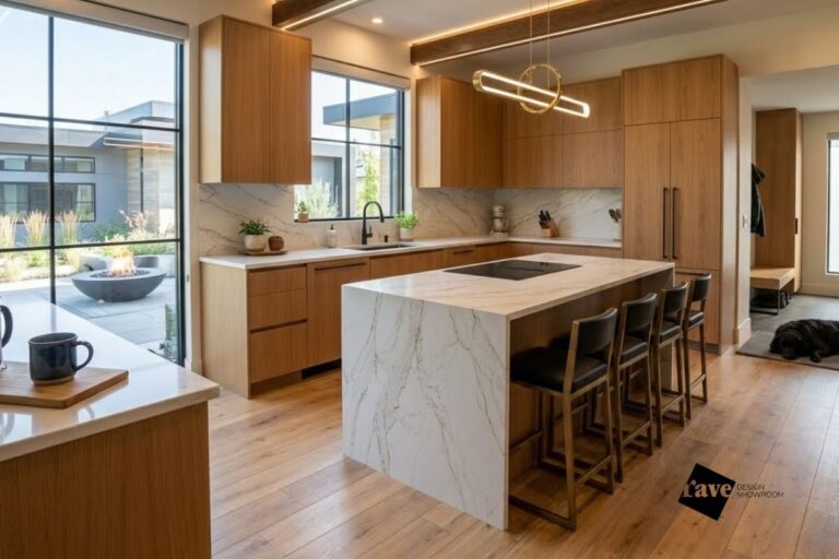 Wide-plank LVP kitchen flooring installed in a Red Deer home with warm oak tones and natural morning light