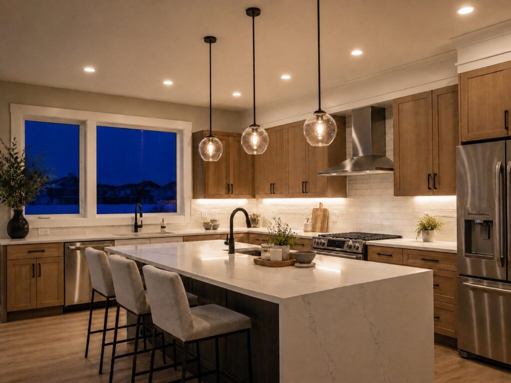 vening kitchen in a Red Deer home showing layered lighting design with recessed ceiling lights, under-cabinet LED task lighting, and pendant lights above the island.