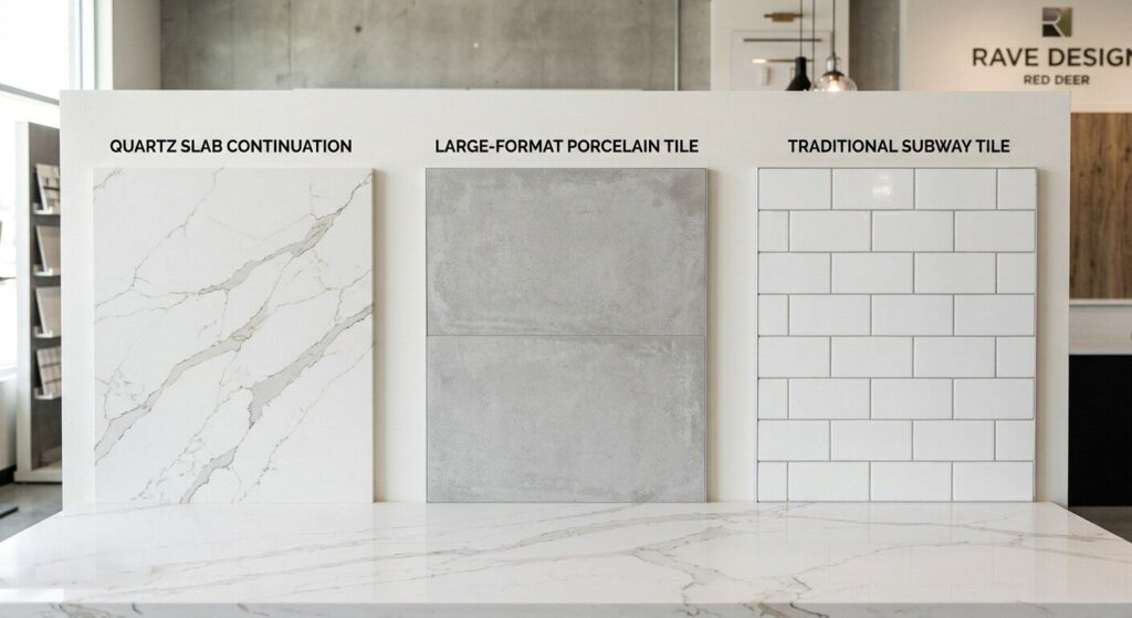 Three backsplash options paired with quartz countertop samples at Rave Design Showroom, Red Deer: slab continuation, large-format porcelain, and subway tile.