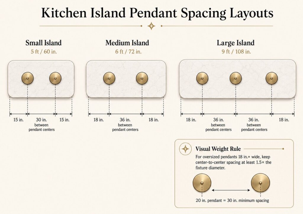 Overhead kitchen island pendant spacing diagram showing two-pendant and three-pendant layouts with exact measurements for 5-foot, 6-foot, and 9-foot islands, plus a visual weight rule for oversized fixtures.