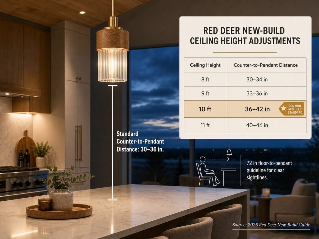 Kitchen pendant height diagram showing the recommended 30 to 36 inch clearance from island countertop to fixture bottom, with ceiling height adjustment notes for Red Deer new-build kitchens.