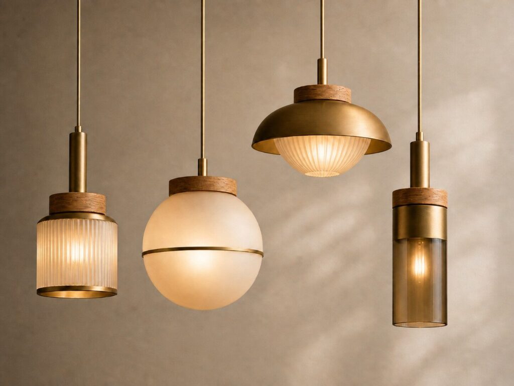 Product showcase of warm minimalist pendant lighting fixtures in matte brass and honey-oak finishes displayed against a neutral showroom background.