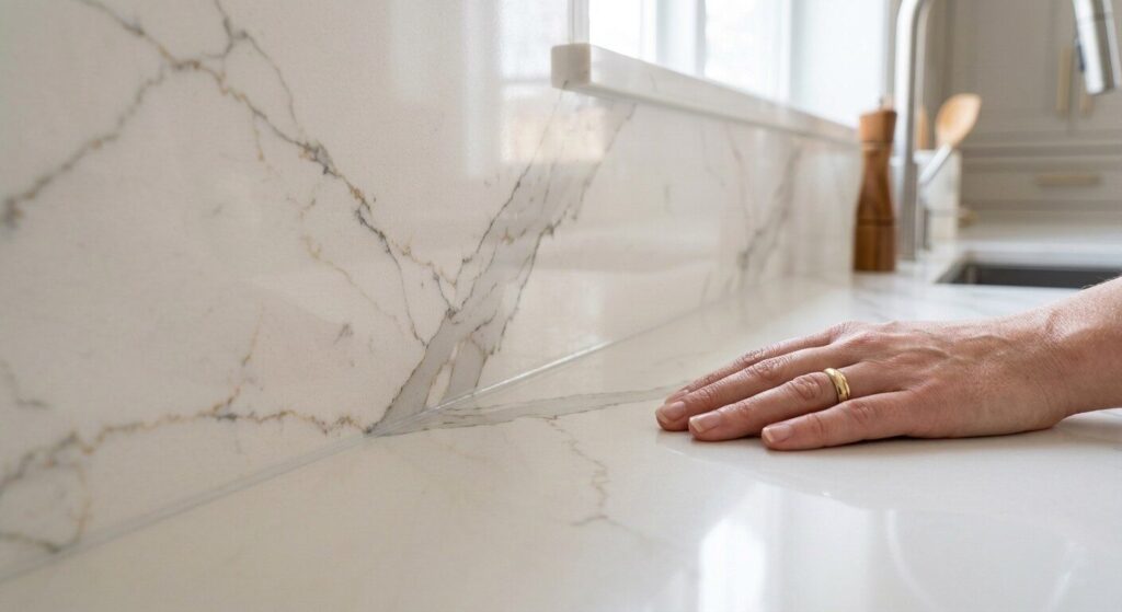 Seamless quartz backsplash-to-countertop transition with matched stone veining, fabricated by Classic Granite Works for Rave Design Showroom, Red Deer.