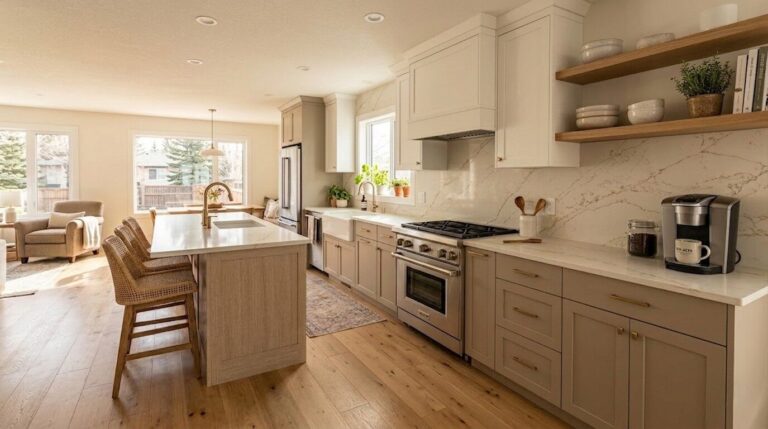 Full-height quartz slab backsplash paired with matching quartz countertop in a Red Deer kitchen renovation by Rave Design Showroom.
