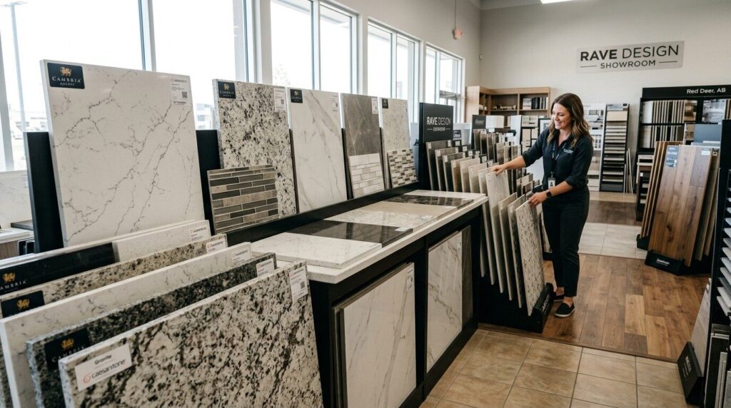 Rave Design Showroom countertop and backsplash display in Red Deer, AB, showing quartz slab, granite, and large-format porcelain options.