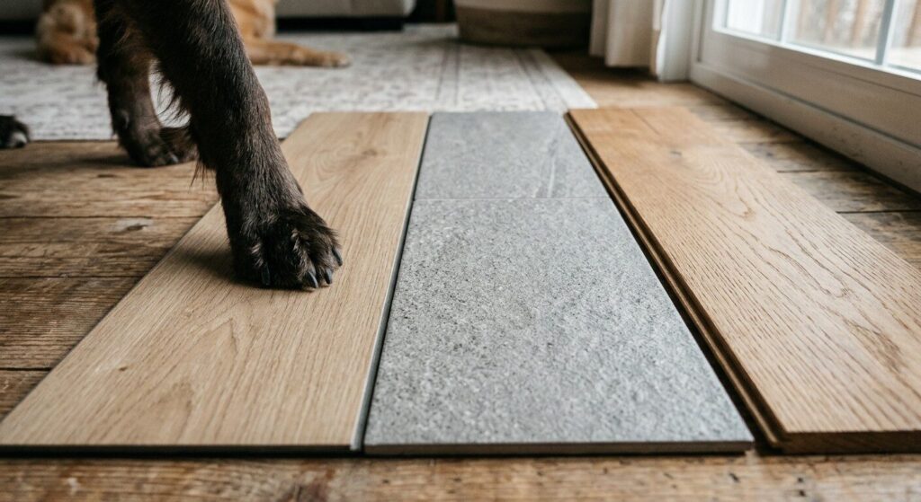 Three pet-friendly flooring samples side by side — SPC vinyl plank, porcelain tile, and engineered hardwood — with a dog paw on the vinyl