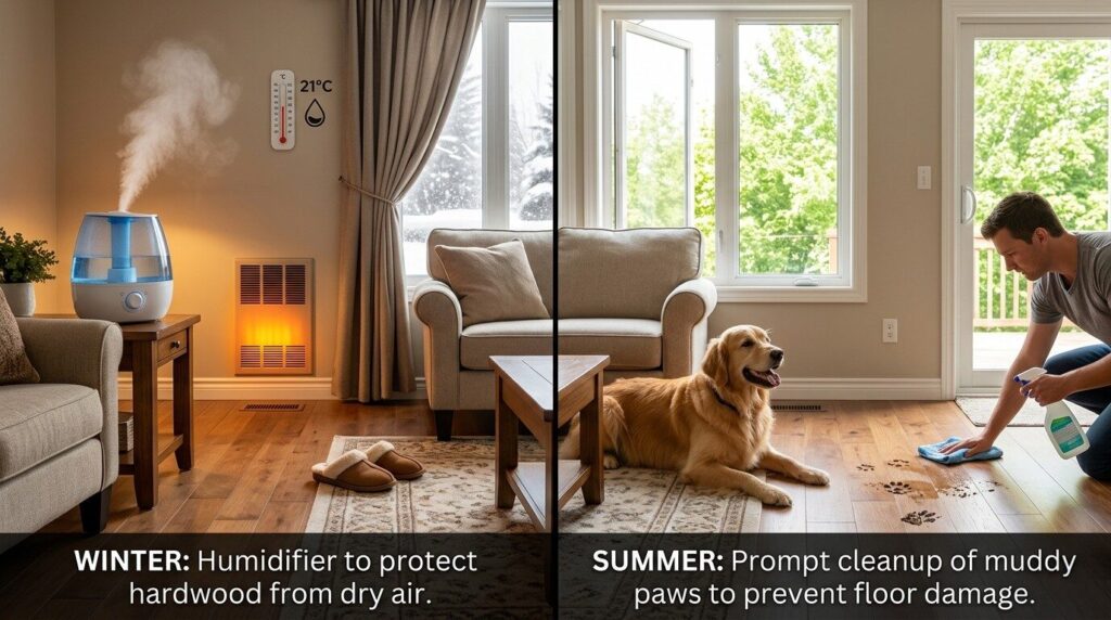 Seasonal flooring maintenance in a Red Deer pet household — winter humidifier use and summer wet-paw cleanup
