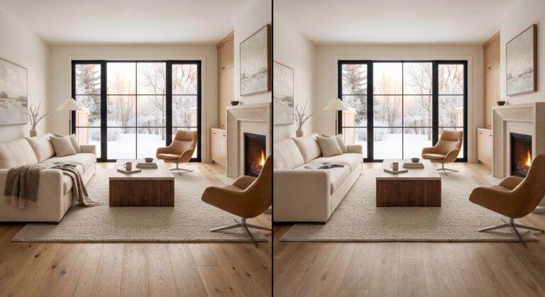 Hardwood vs LVP flooring comparison in a Red Deer Alberta living room.