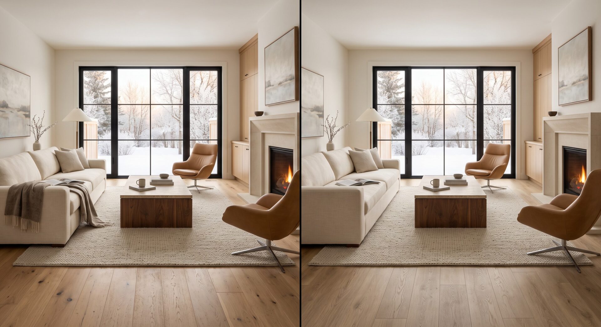 Hardwood vs LVP flooring comparison in a Red Deer Alberta living room.