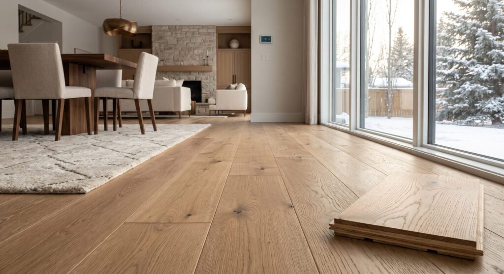 Engineered hardwood flooring installed in a Red Deer Alberta home.