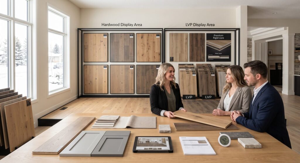 Central Alberta Tile One flooring showroom in Red Deer, AB, showing LVP and hardwood flooring options.