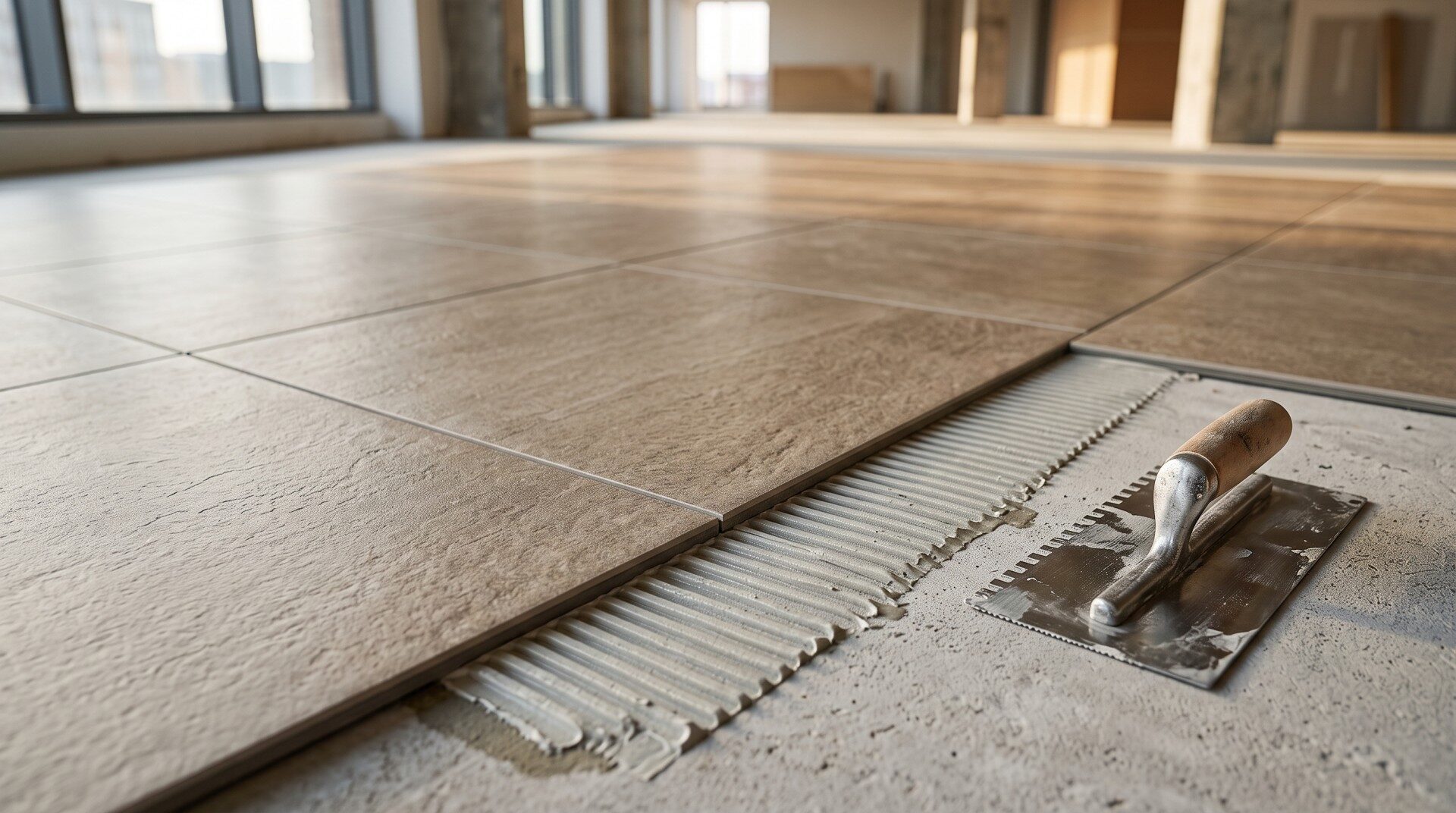 Commercial glue-down LVT tile installation on concrete slab in Red Deer Alberta commercial property.