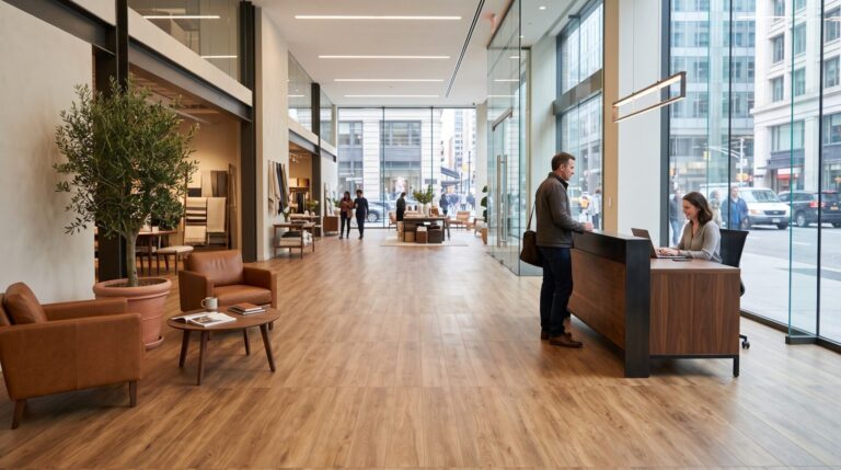Commercial LVT flooring installed in a Red Deer Alberta retail or office space by Central Alberta Tile One.