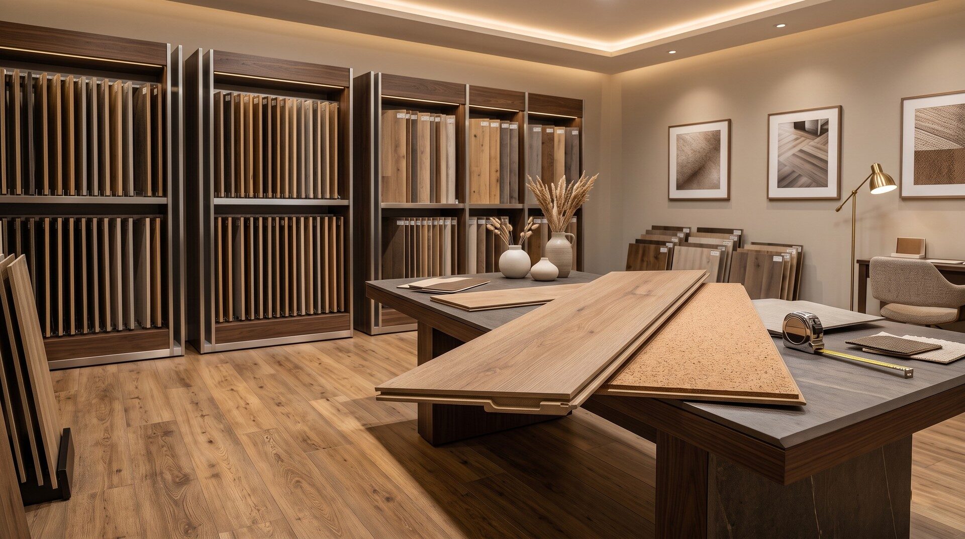 Central Alberta Tile One flooring showroom in Red Deer Alberta showing basement flooring options including LVP and cork.