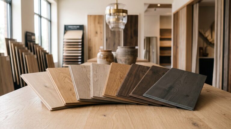 LVP flooring samples displayed at Central Alberta Tile One showroom in Red Deer, Alberta.
