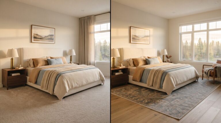 Carpet vs hardwood flooring comparison in Red Deer Alberta bedroom renovation.