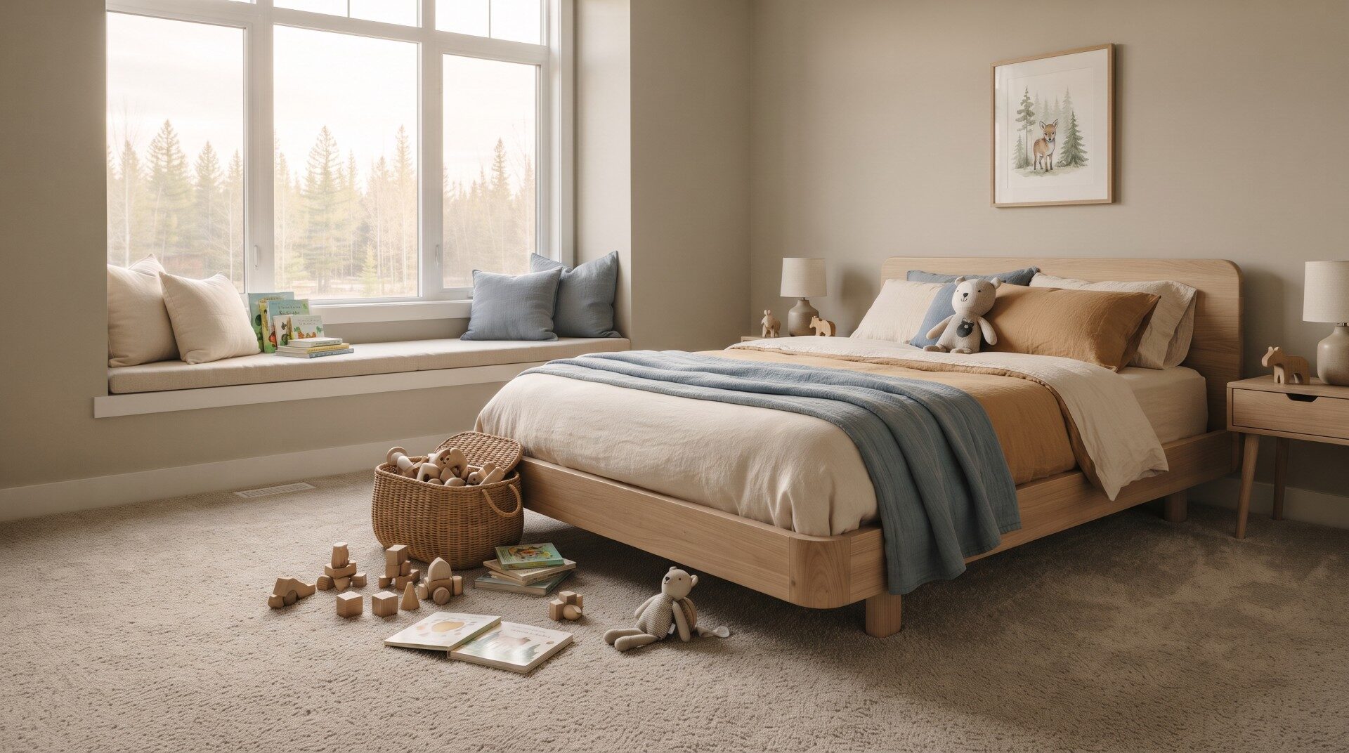 Durable bedroom carpet installed in a Red Deer Alberta family home children's room.