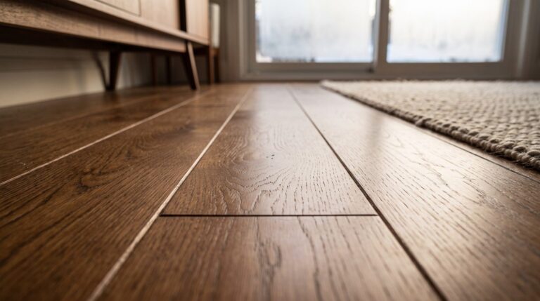 Hardwood floor gaps caused by low winter humidity in a Red Deer Alberta home.
