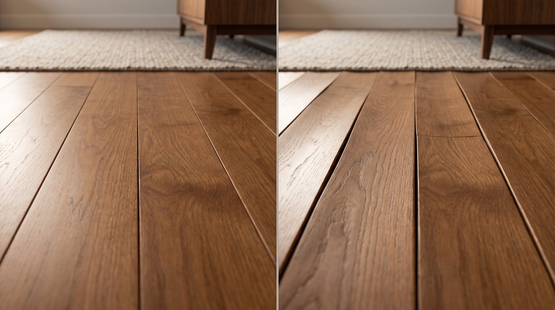 Normal seasonal hardwood floor gapping vs installation problem gaps, Red Deer Alberta homes.