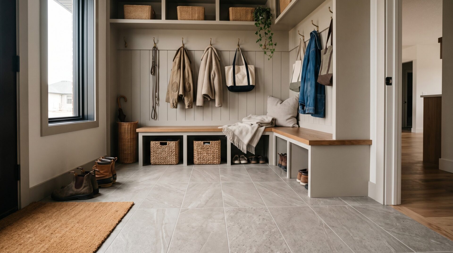 Large-format porcelain tile flooring installed in a Red Deer Alberta mudroom renovation.