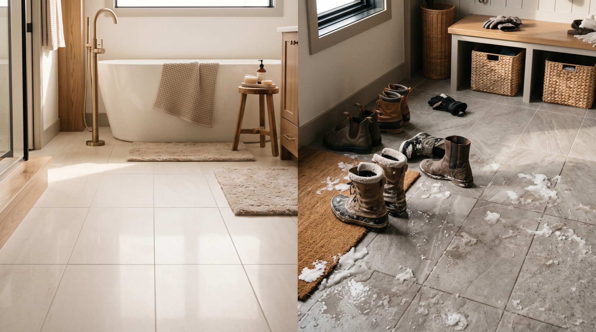 Tile flooring in Red Deer bathroom with radiant heat left, and mudroom tile handling Alberta winter right.