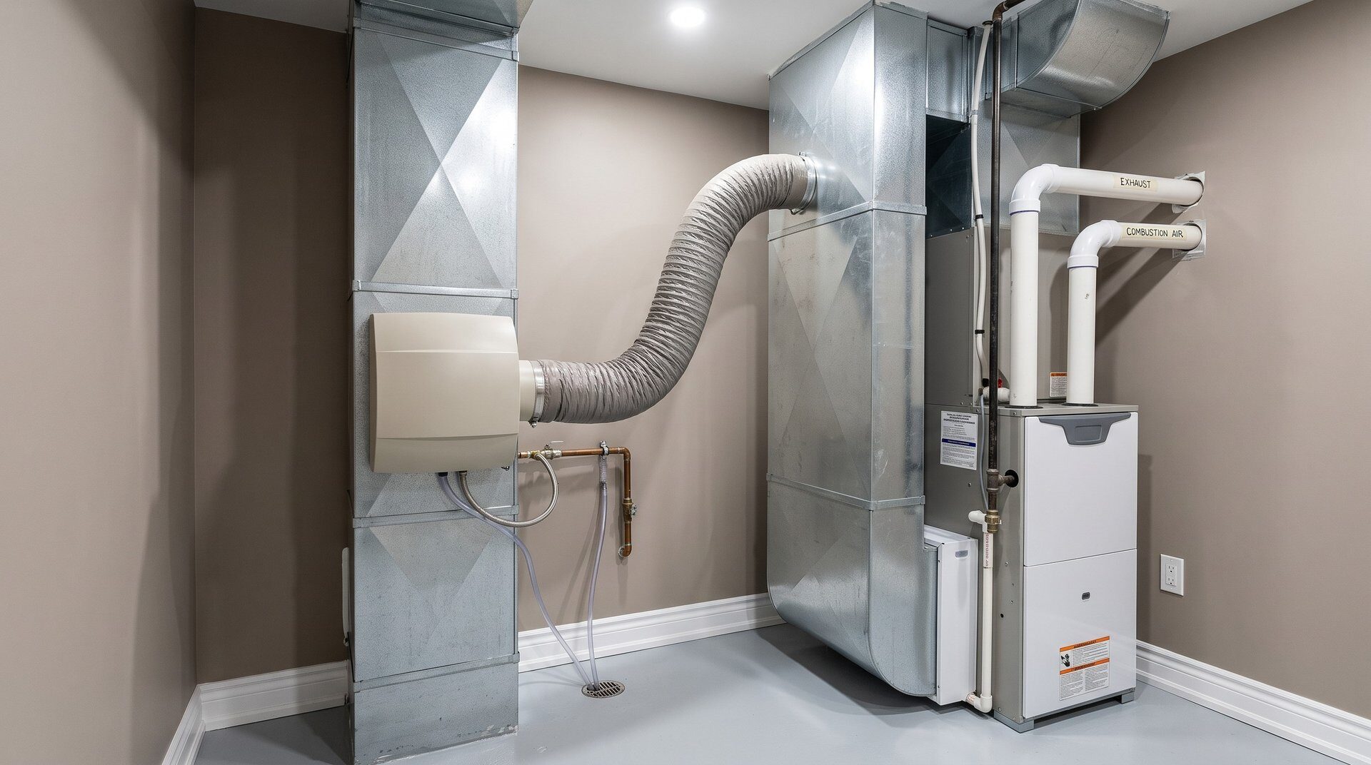 Whole-home humidifier installed on HVAC furnace to protect hardwood floors in Red Deer Alberta.